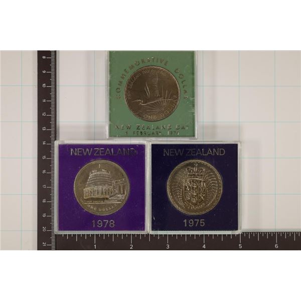 3 NEW ZEALAND CROWNS $1 COINS: 1974 UNC, 1975 BU &