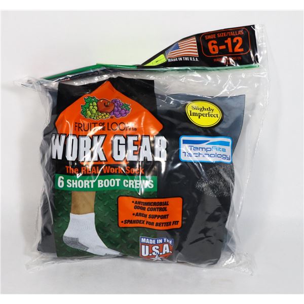 BLACK WORK BOOT SOCKS,6-12,PACK OF 6,FRUIT OF THE