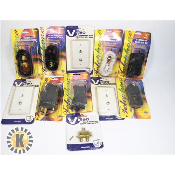 BOX OF TELEPHONE CABLES, WALL JACKS, MORE