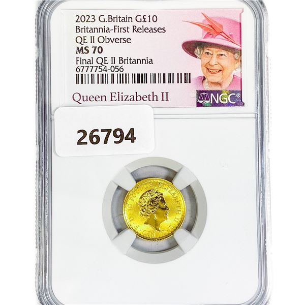 2023 1/10oz G.B. Gold Â£10 NGC MS70 Q. Elizabeth I