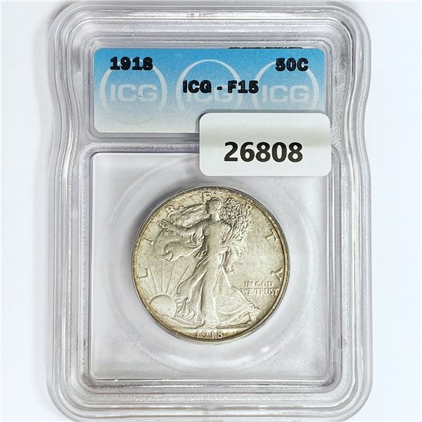 1918 Walking Liberty Half Dollar ICG F15