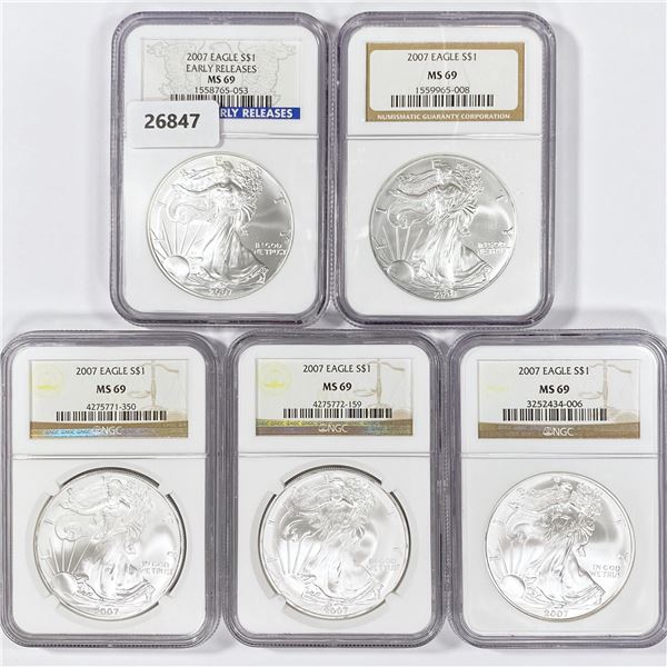 2007 Set (5) American Silver Eagles NGC MS69