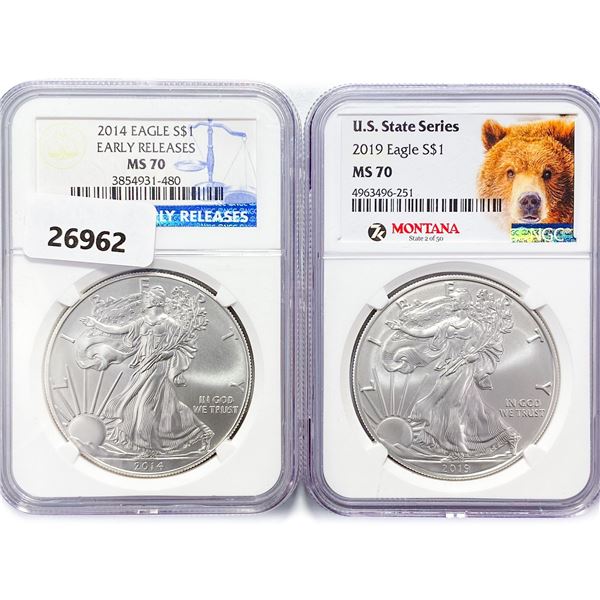 2014, 2019 Set (2) American Silver Eagles NGC MS70