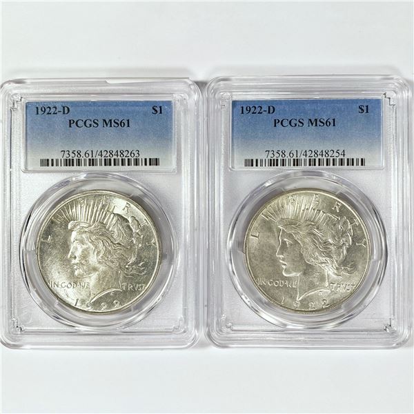 (2) 1922-D Peace Silver Dollars PCGS MS61