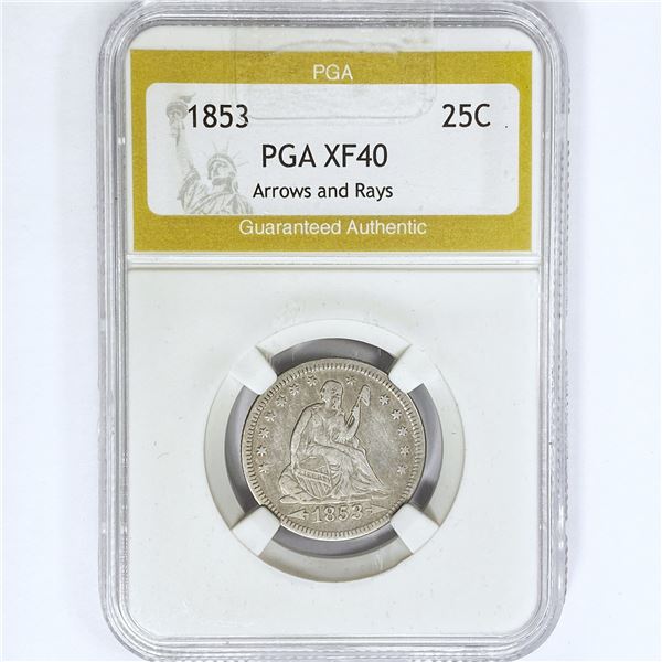 1853 Seated Liberty Quarter PGA XF40 Arrows & Rays