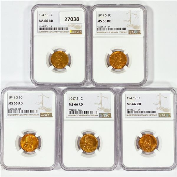 1947-S Set (5) Wheat Cent NGC MS66 RD