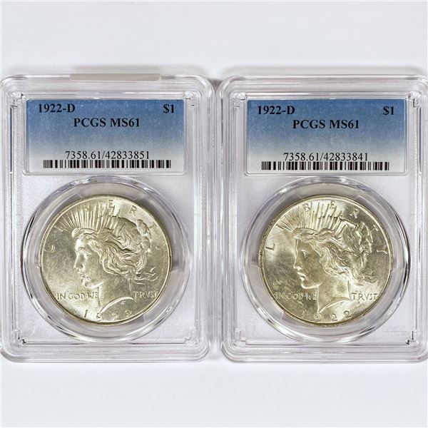 1922-D Set (2) Silver Peace Dollar PCGS MS61