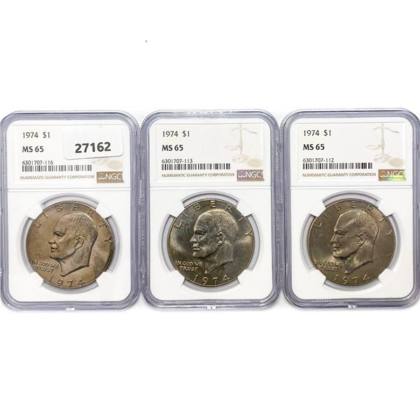 1974 Set (3) Eisenhower Silver Dollars NGC MS65
