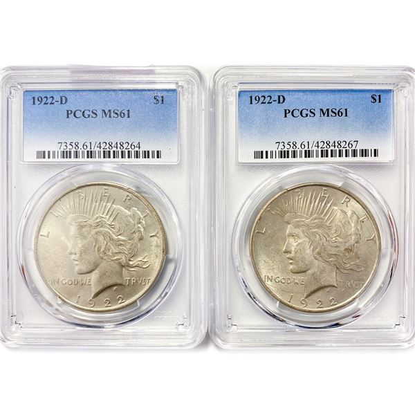 1922-D Set (2) Silver Peace Dollar PCGS MS61