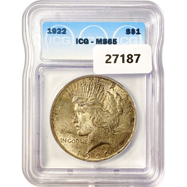 1922 Silver Peace Dollar ICG MS65