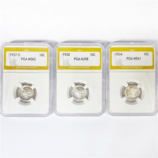 1928-1937 Set (3) Mercury Silver Dime PGA AU, MS