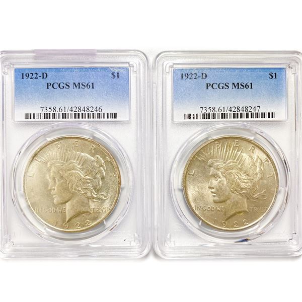 1922-D Set (2) Silver Peace Dollar PCGS MS61