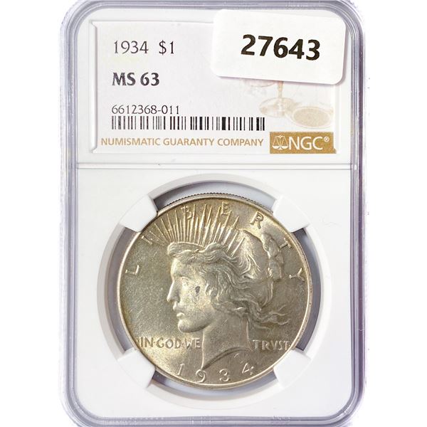 1934 Silver Peace Dollar NGC MS63