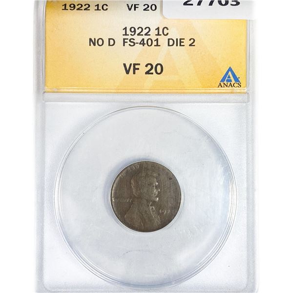 1922 Wheat Cent ANACS VF20 No D FS-104 Die 2