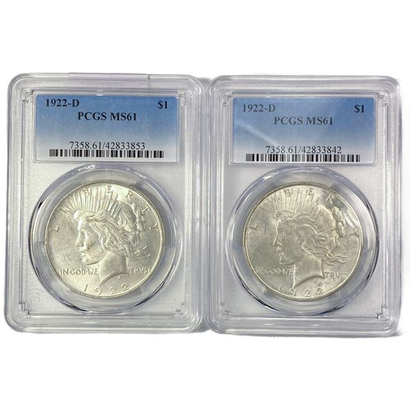 1922-D Set (2) Silver Peace Dollar PCGS MS61