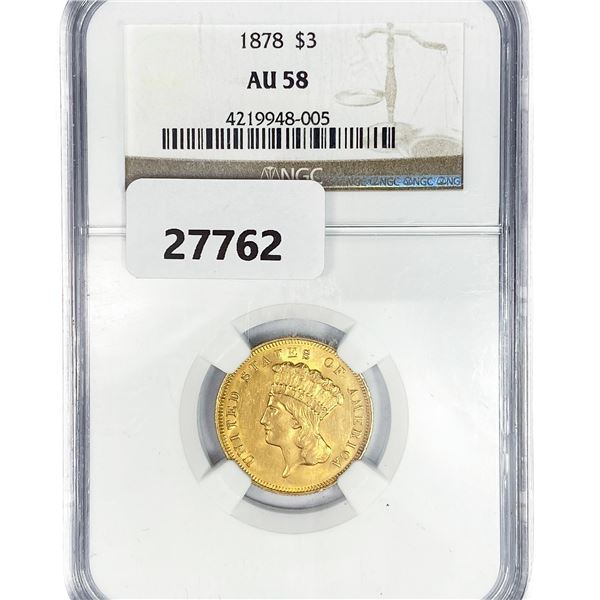 1878 $3 Gold Piece NGC AU58