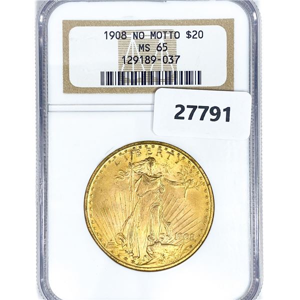 1908 $20 Gold Double Eagle NGC MS65 No Motto