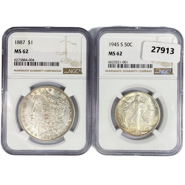(2) Misc Coins (1945-S, 1887) NGC MS62