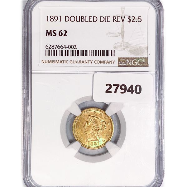 1891 DD Rev $2.50 Gold Quarter Eagle NGC MS62