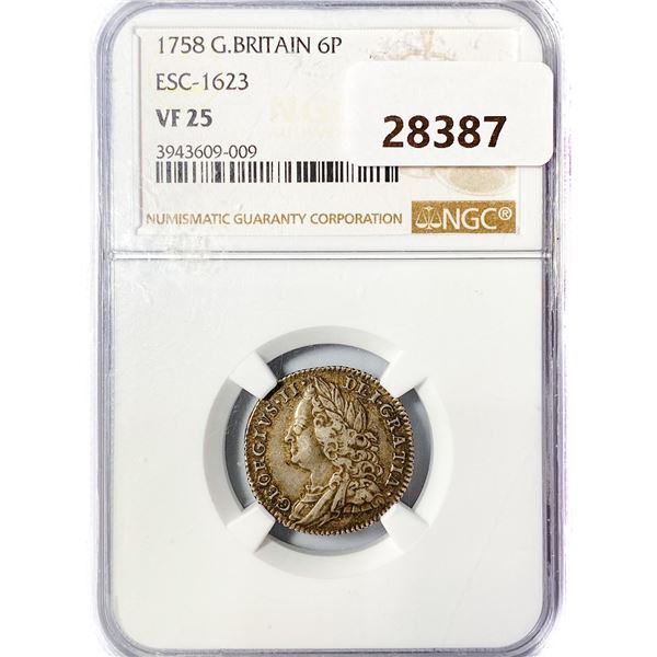 1758 6P .09oz G.Britain Silver NGC VF25 ESC-1623