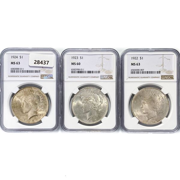 1922-1924 Set (3) Silver Peace Dollar NGC MS63