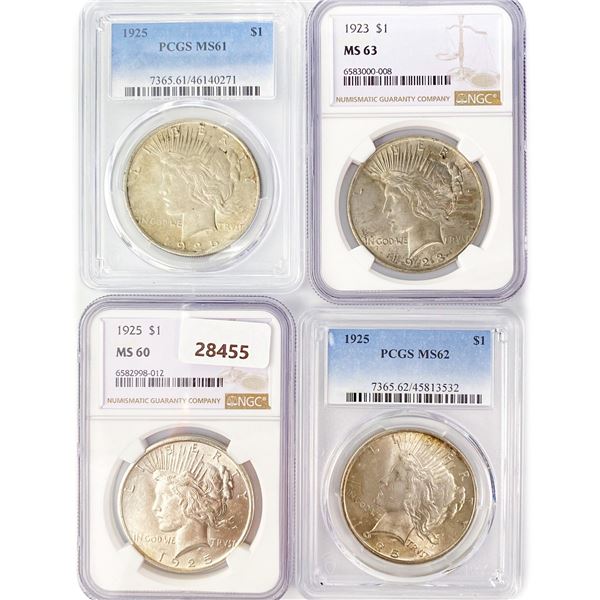 1925 (3), 1923 Set of 4 Silver Peace Dollar MS