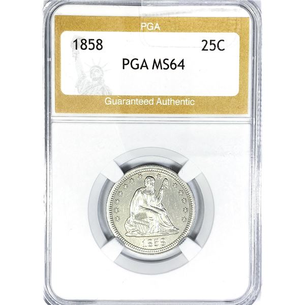 1858 Seated Liberty Quarter PGA MS64