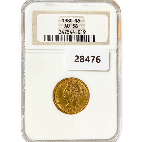 1880 $5 Gold Half Eagle NGC AU58