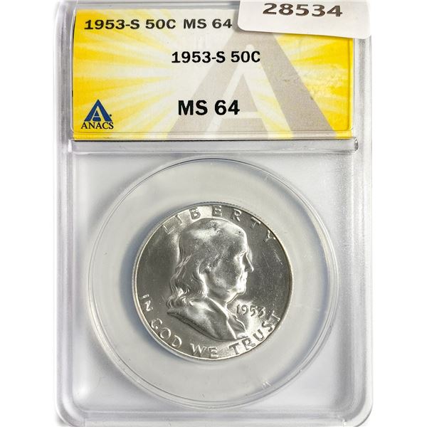 1953-S Franklin Half Dollar ANACS MS64