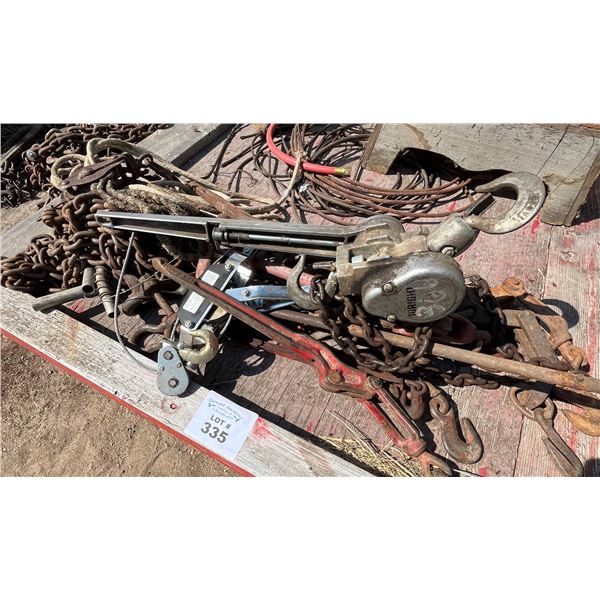 Chain Comealong, cable comealong, assortment of boomers etc