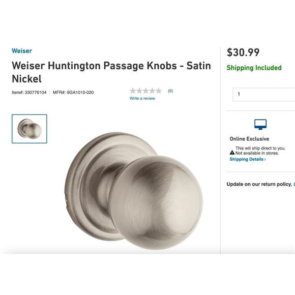 Weiser Huntington Passage Set Satin Nickel - LOT OF 2