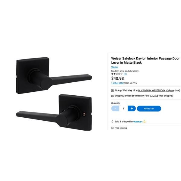 Weiser Safelock Daylon Interior Passage Door Lever Matte Black set- NEW LOT OF 2