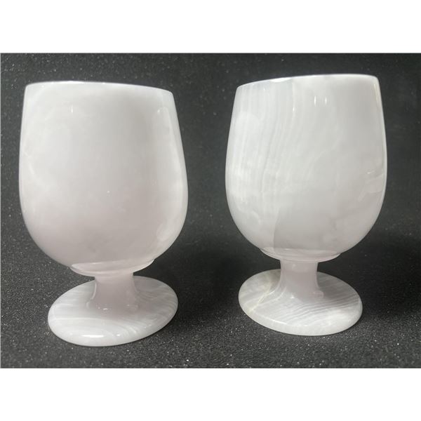 Natural Stone Pink Calcite Hand Carved Wine Glasses Pair