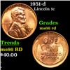 Image 1 : 1951-d Lincoln Cent 1c Grades GEM+ Unc RD