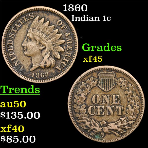 1860 Indian Cent 1c Grades xf+