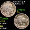Image 1 : 1913-d Ty I  Buffalo Nickel 5c Grades f+