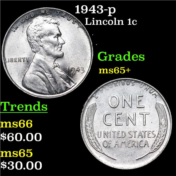 1943-p Lincoln Cent 1c Grades GEM+ Unc