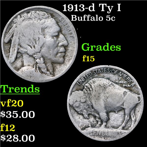 1913-d Ty I Buffalo Nickel 5c Grades f+