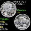 Image 1 : 1913-d Ty I Buffalo Nickel 5c Grades f+