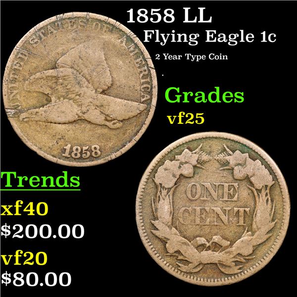 1858 LL Flying Eagle Cent 1c Grades vf+