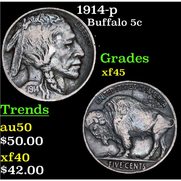 1914-p Buffalo Nickel 5c Grades xf+