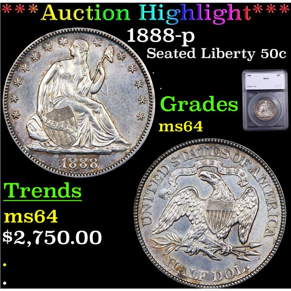 ***Auction Highlight*** 1888-p Seated Half Dollar 50c Graded ms64 BY SEGS (fc)