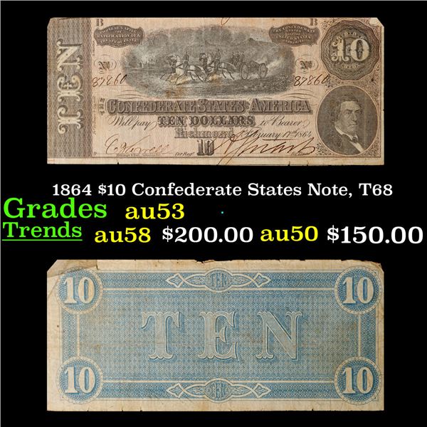 1864 $10 Confederate States Note, T68 Grades Select AU