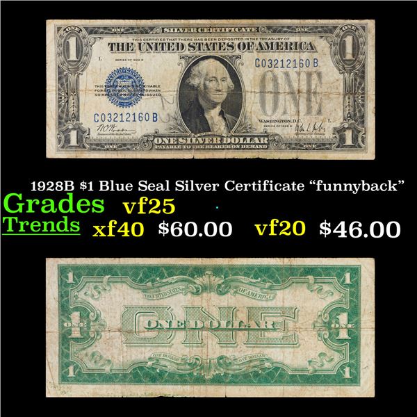1928B $1 Blue Seal Silver Certificate "funnyback" Grades vf+