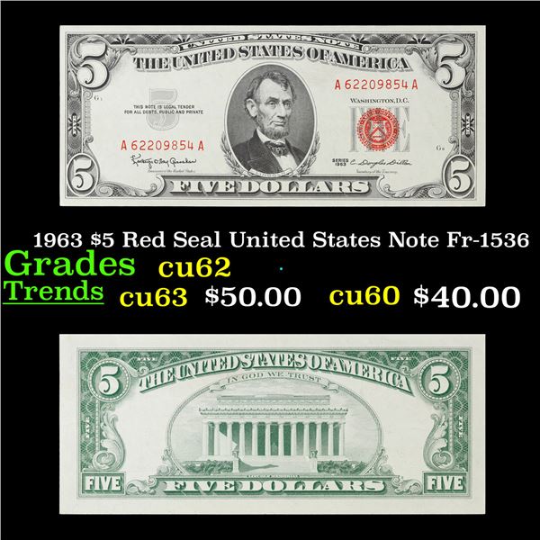 1963 $5 Red Seal United States Note Fr-1536 Grades Select CU