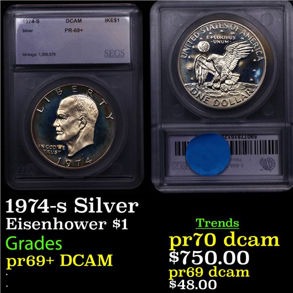 Proof 1974-s Silver Eisenhower Dollar $1 Graded pr69+ DCAM BY SEGS