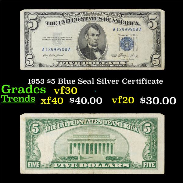 1953 $5 Blue Seal Silver Certificate Grades vf++