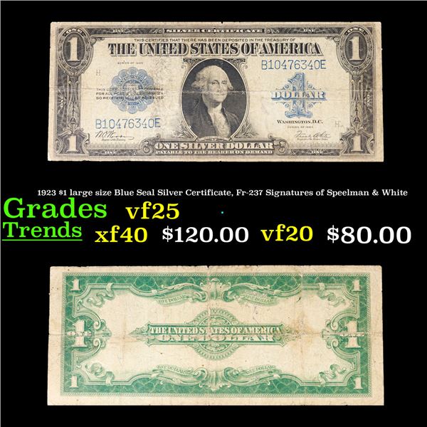 1923 $1 large size Blue Seal Silver Certificate, Fr-237 Signatures of Speelman & White Grades vf+