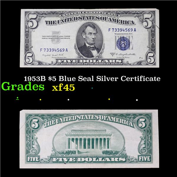 1953B $5 Blue Seal Silver Certificate Grades xf+