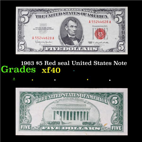 1963 $5 Red seal United States Note Grades xf